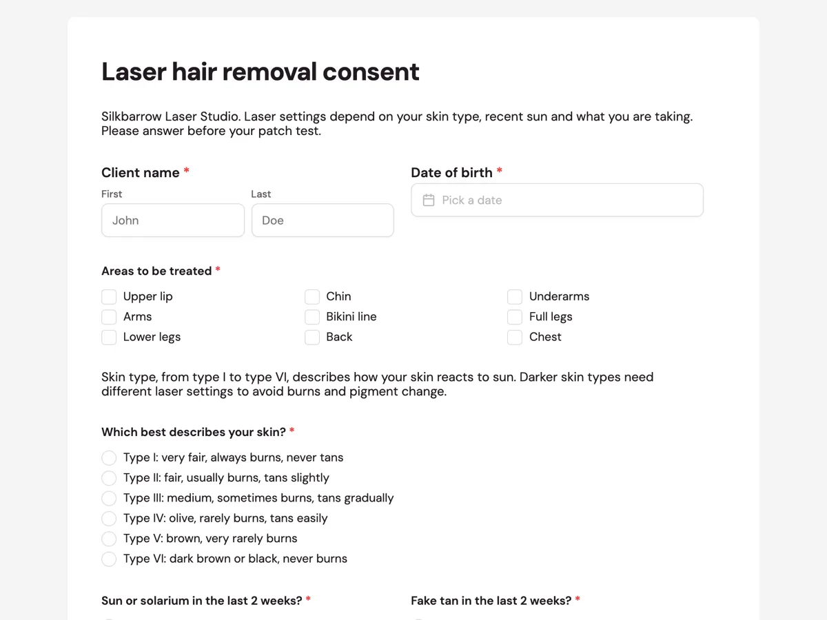 Top of the laser hair removal consent form with skin type and sun exposure example