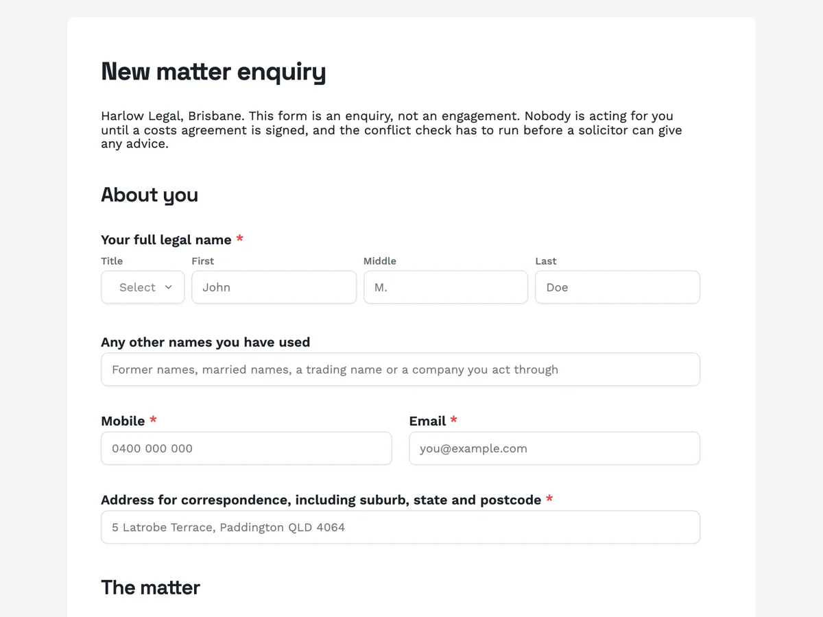 Top of the law firm client intake form with the conflict check on it example
