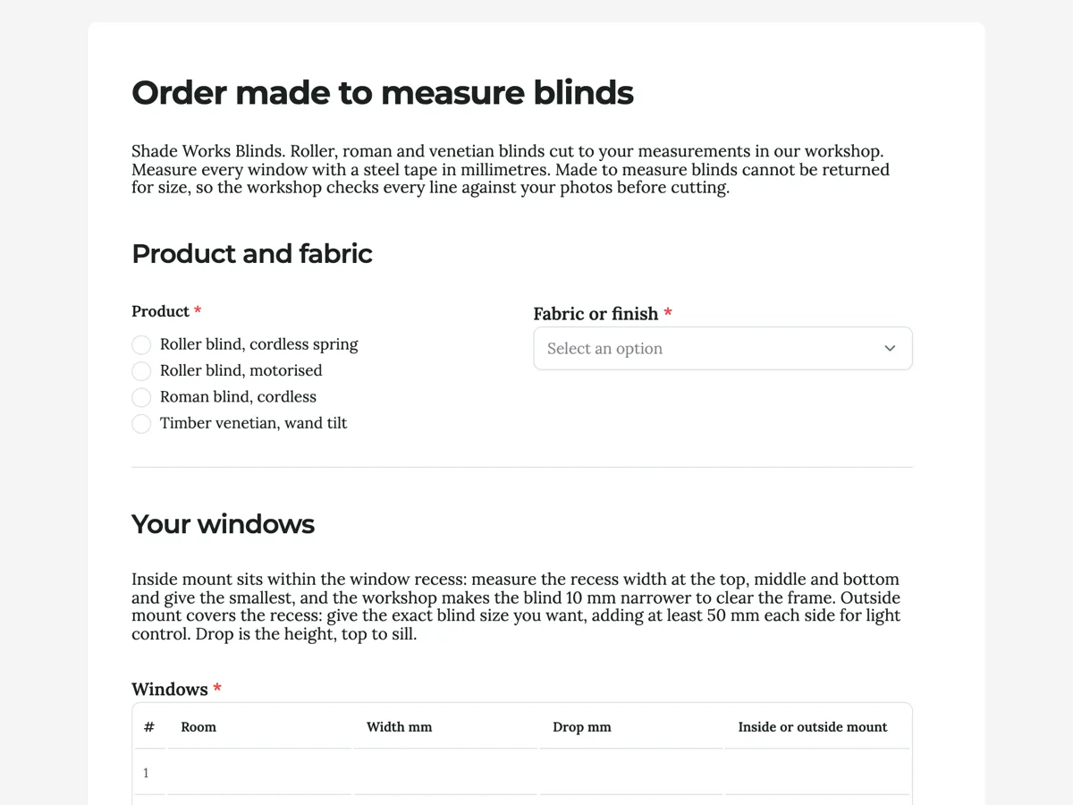 Top of the made to measure order form with a measurements table example