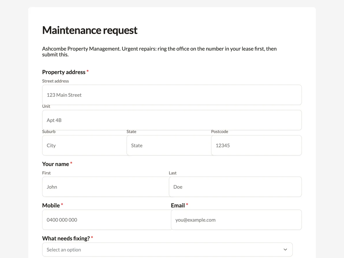 Top of the maintenance request form with the urgent repairs list built in example