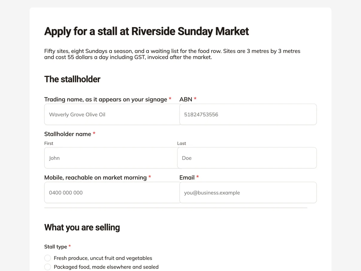 Market stall application form with insurance and power on it example