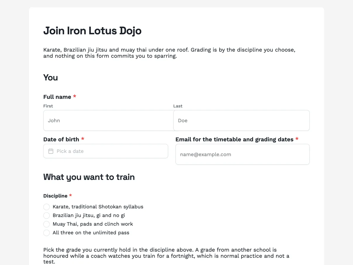 Martial arts registration form with grade, injuries and waiver example