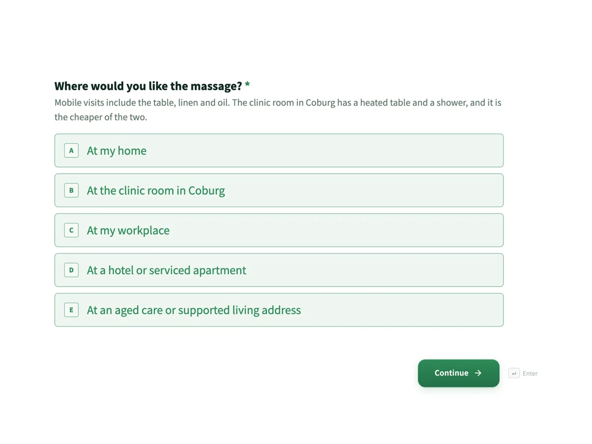 Massage booking form for a mobile therapist example