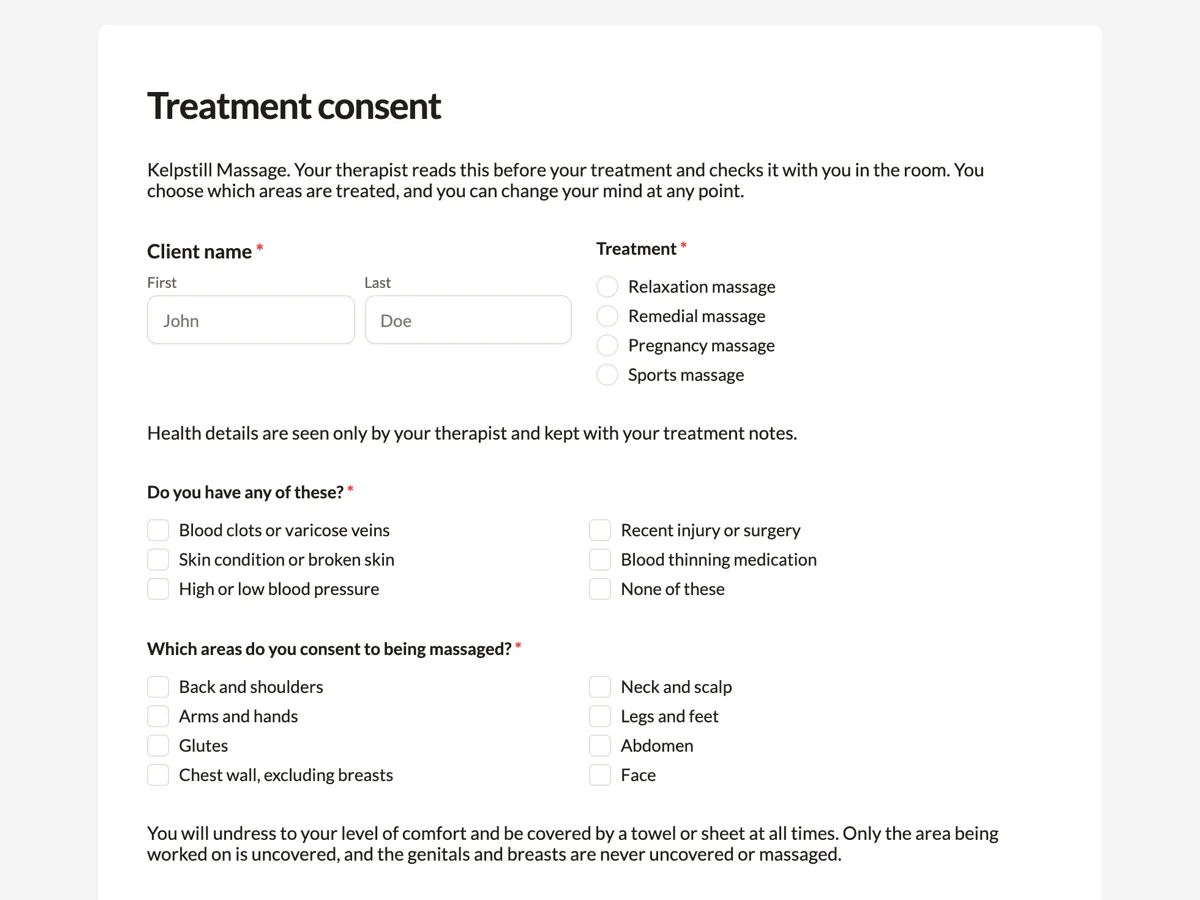 Massage consent form with draping, areas and the right to stop example