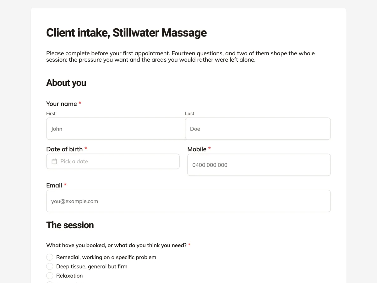Top of the massage intake form that asks about pressure before the table example