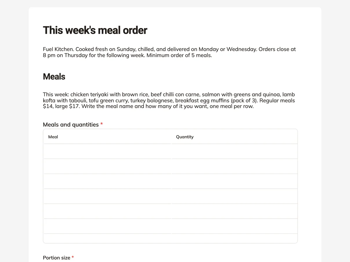 Meal prep order form with a weekly menu grid example