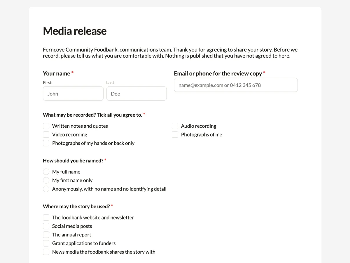 Media release form for an interview, recording and attribution example