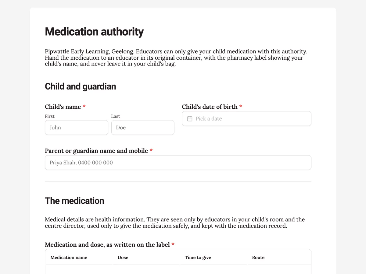 Medication consent form for childcare, dose by dose example
