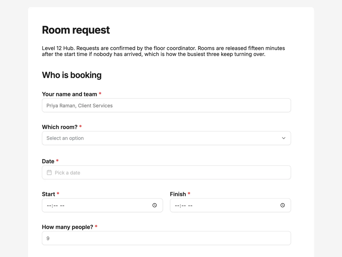 Meeting room booking form with catering and AV in one request example