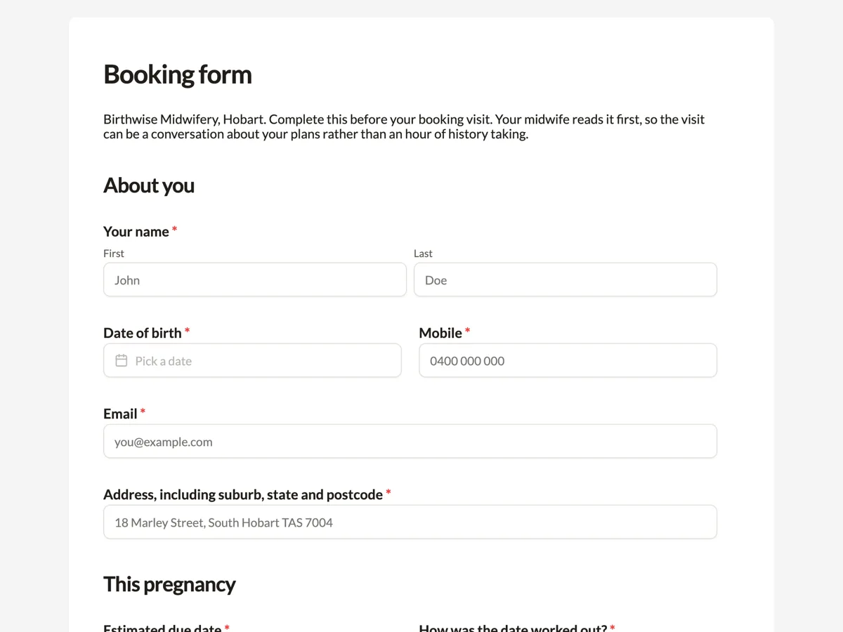 Midwifery intake form for a private booking visit example