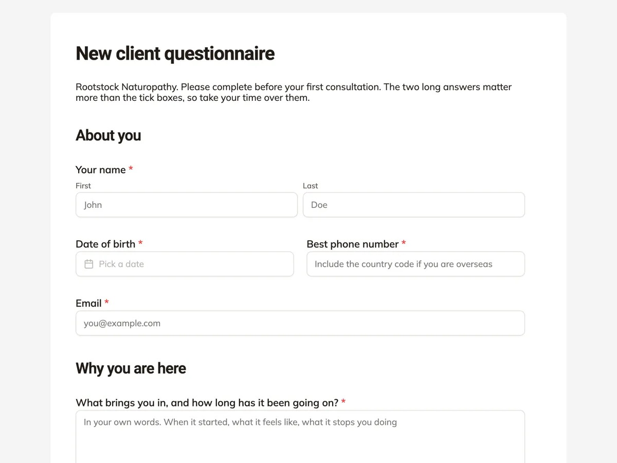 Naturopath intake form with an eight system review grid example