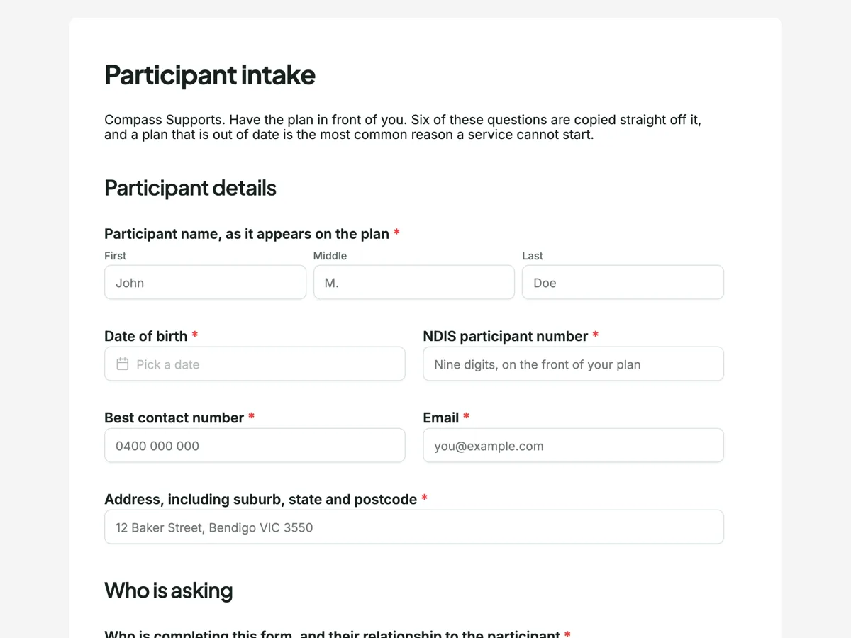 NDIS intake form that starts from the plan itself example