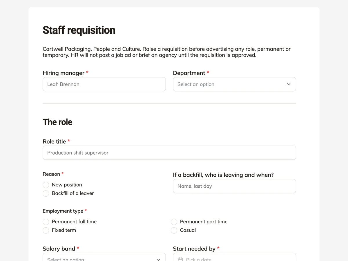 Staff requisition form for a new role or a backfill example