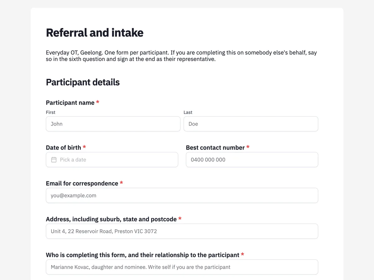 Occupational therapy intake form built on a daily living grid example