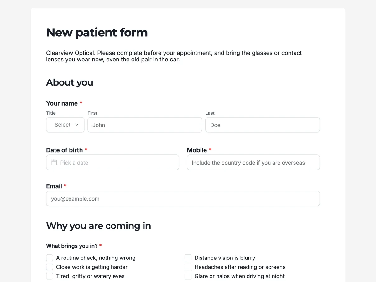 Optometry intake form that asks about the family too example