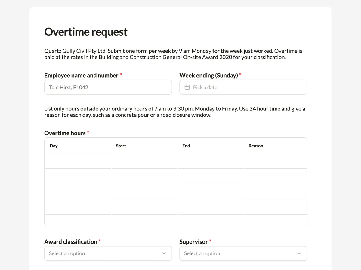 Overtime request form with an hours table by day example