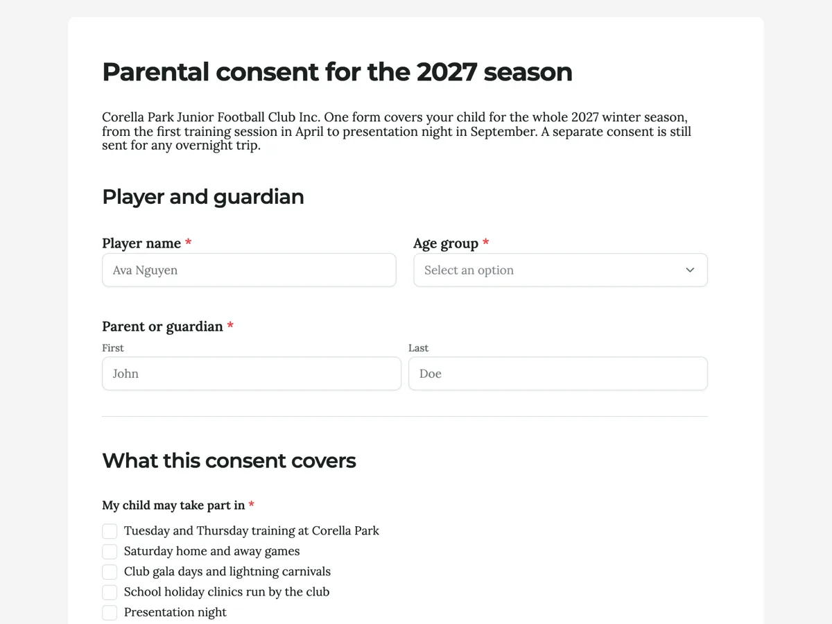 Parental consent form for a whole club season example