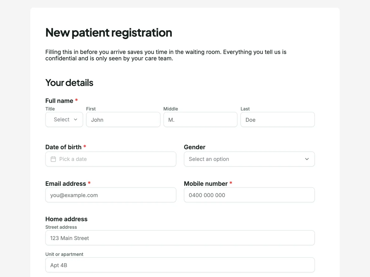 Patient intake form example