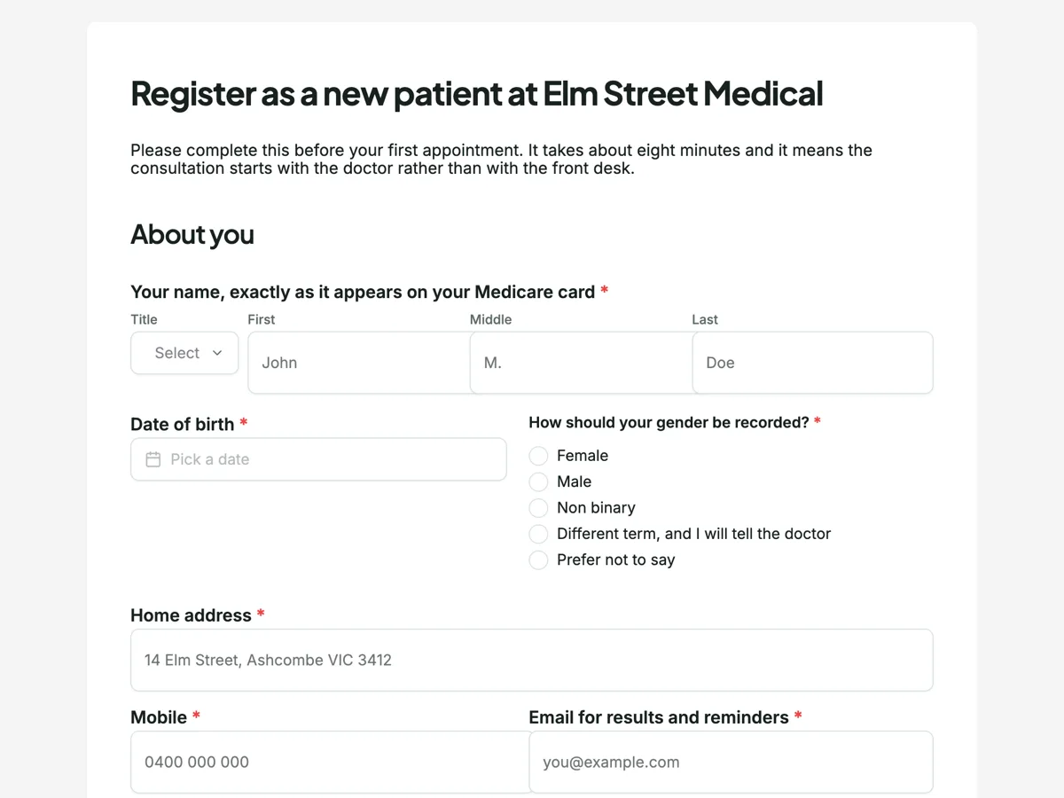 New patient registration form with Medicare and IRN on it example