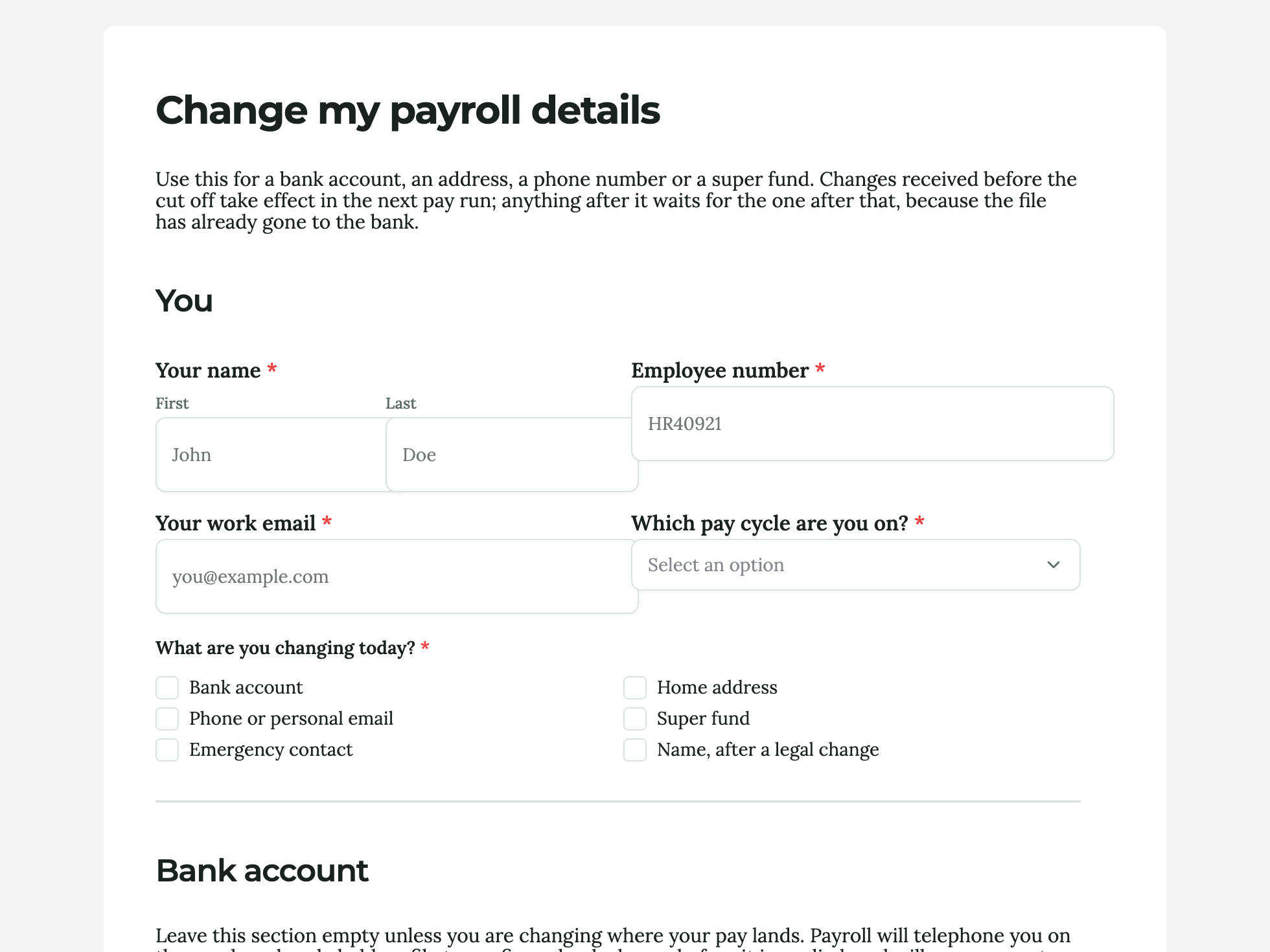 Payroll details change form example