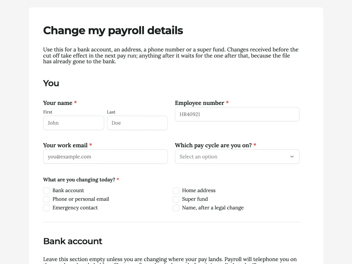 Payroll details change form example