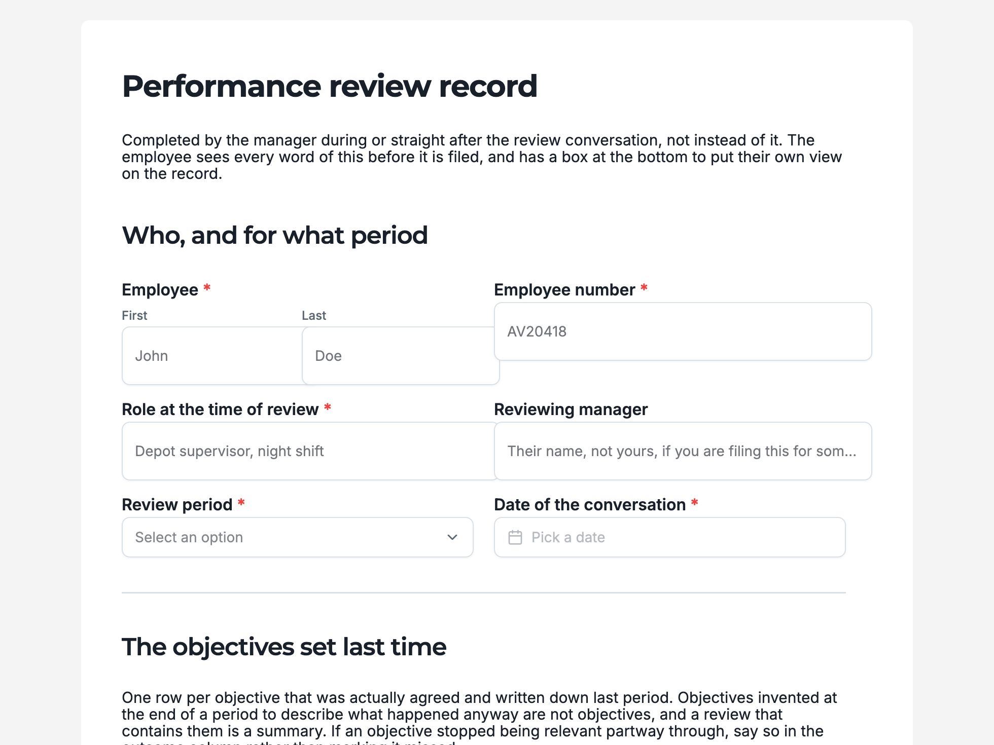 Performance review form example