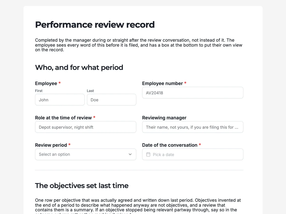 Performance review form example