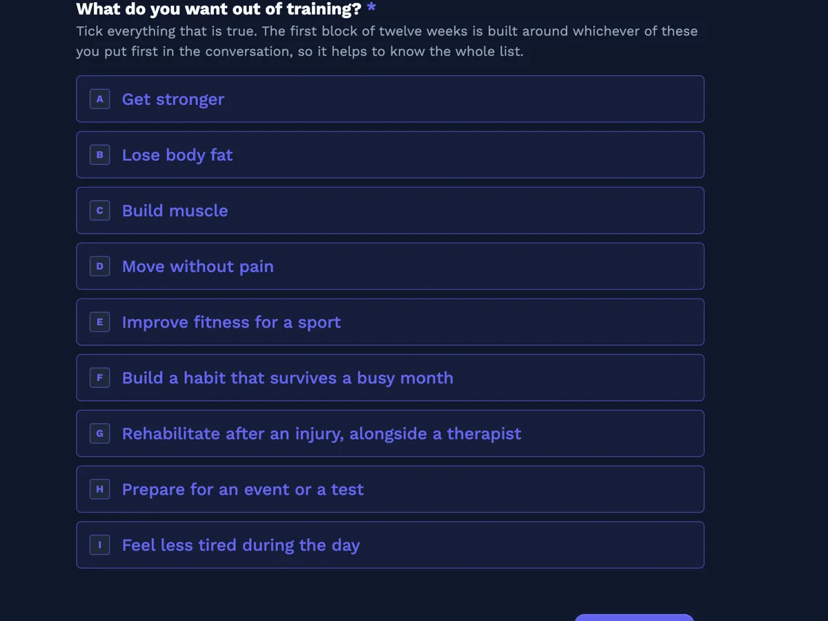 Personal training intake form with the readiness screen built in example