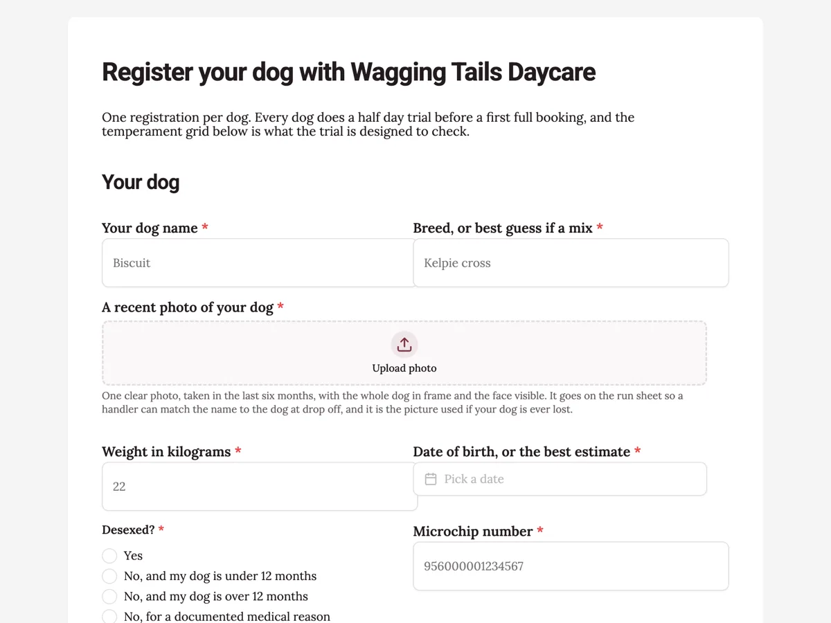 Top of the pet registration form with vaccinations and a temperament grid example