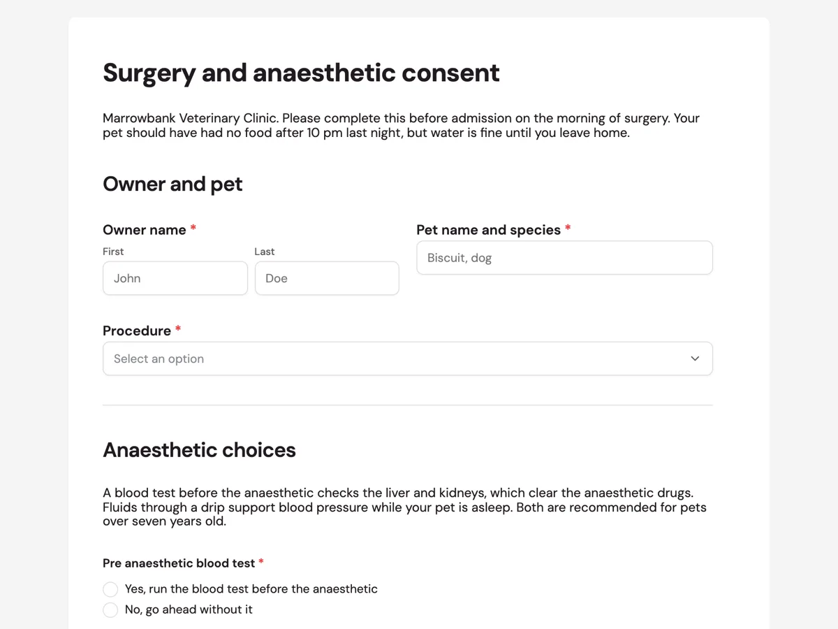 Vet surgery consent form with bloods, fluids and estimate example