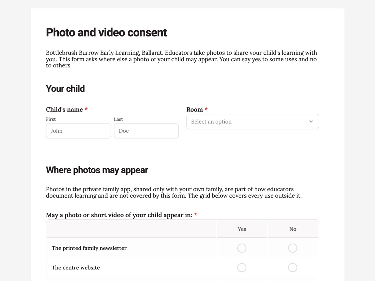 Photo consent form for a childcare centre, one use at a time example