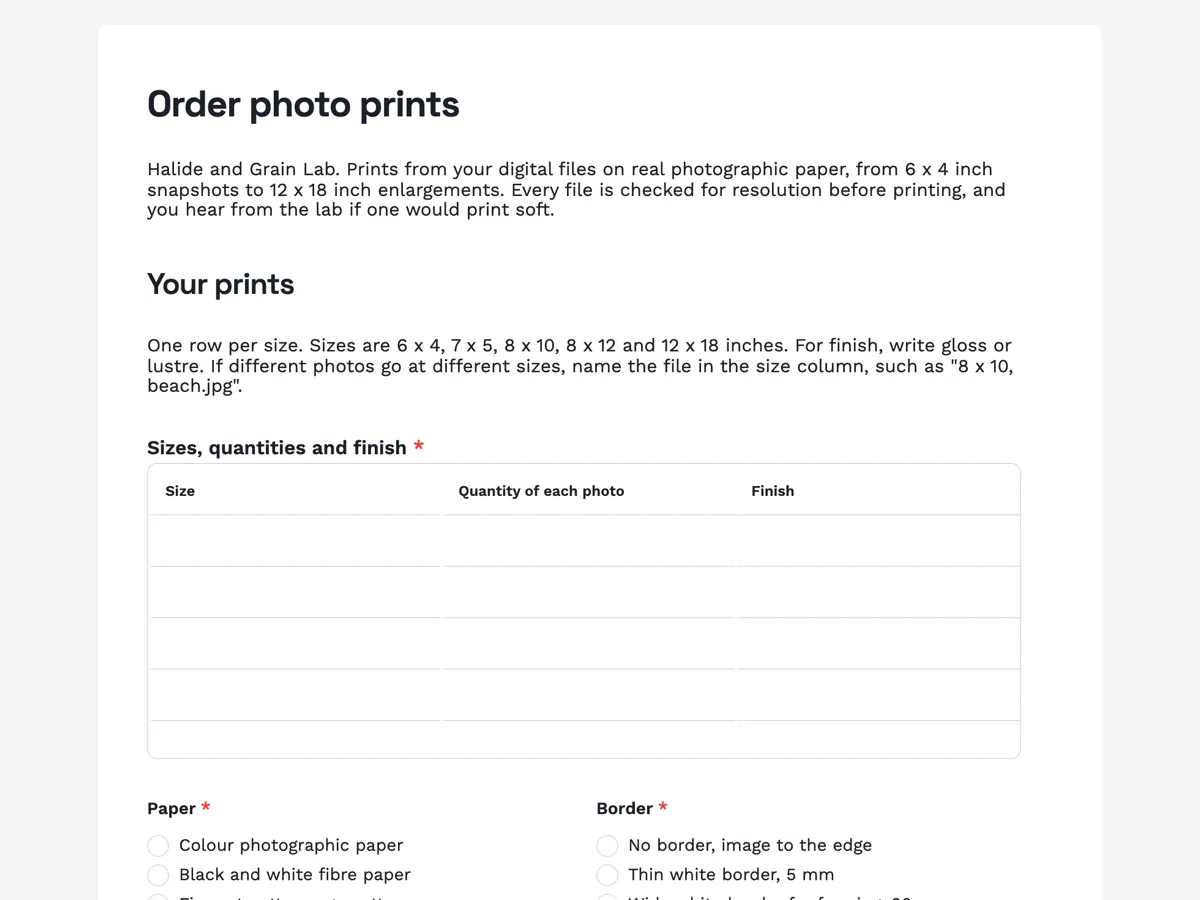 Photo print order form with sizes, paper and upload example