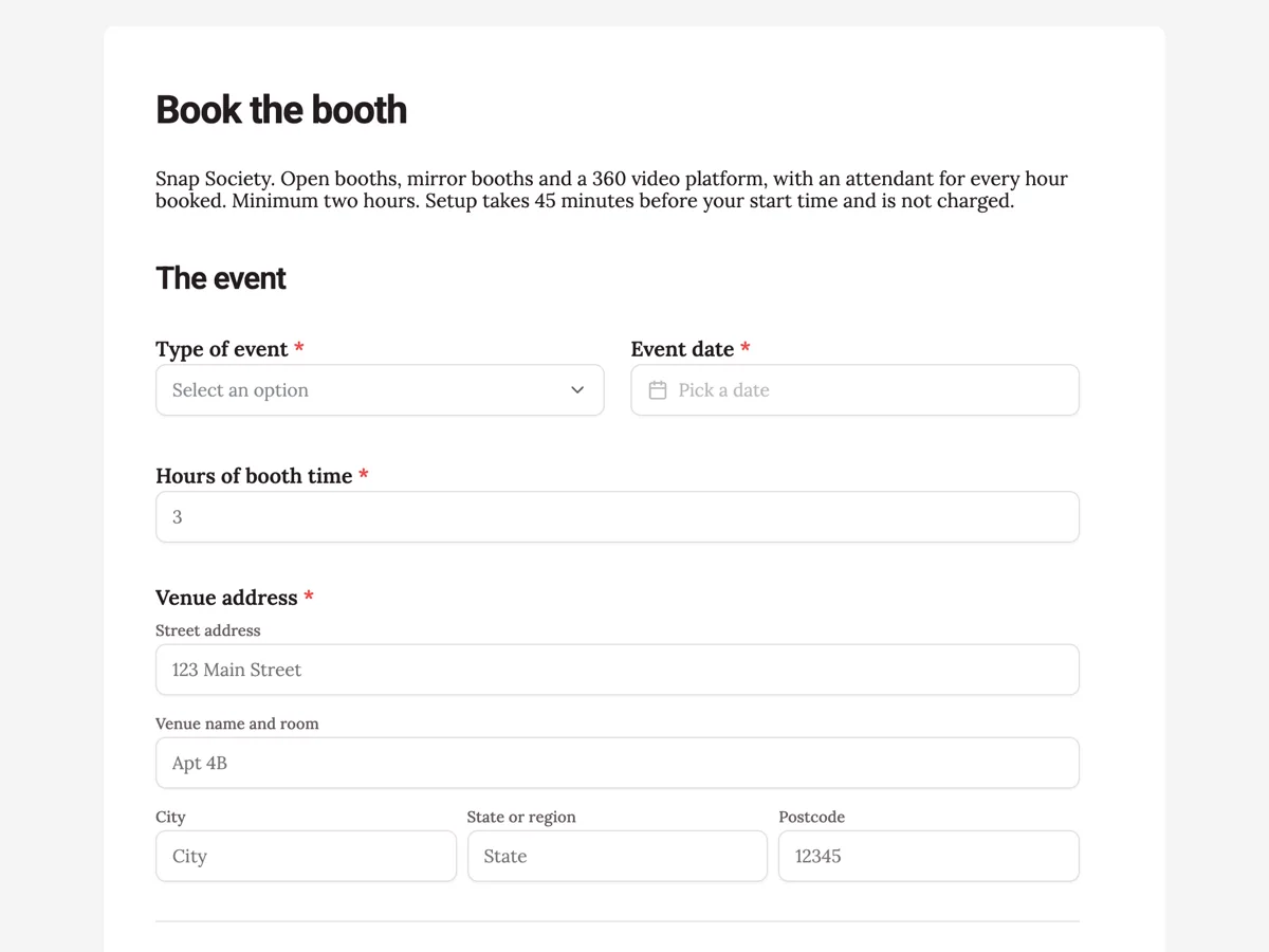 Photo booth booking form with the print layout and props example