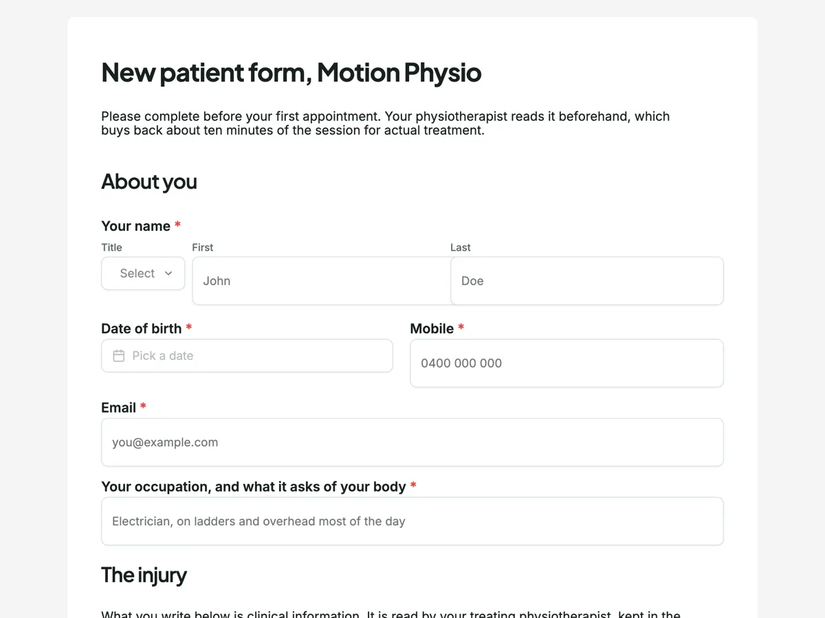 Top of the physiotherapy intake form built around one injury example