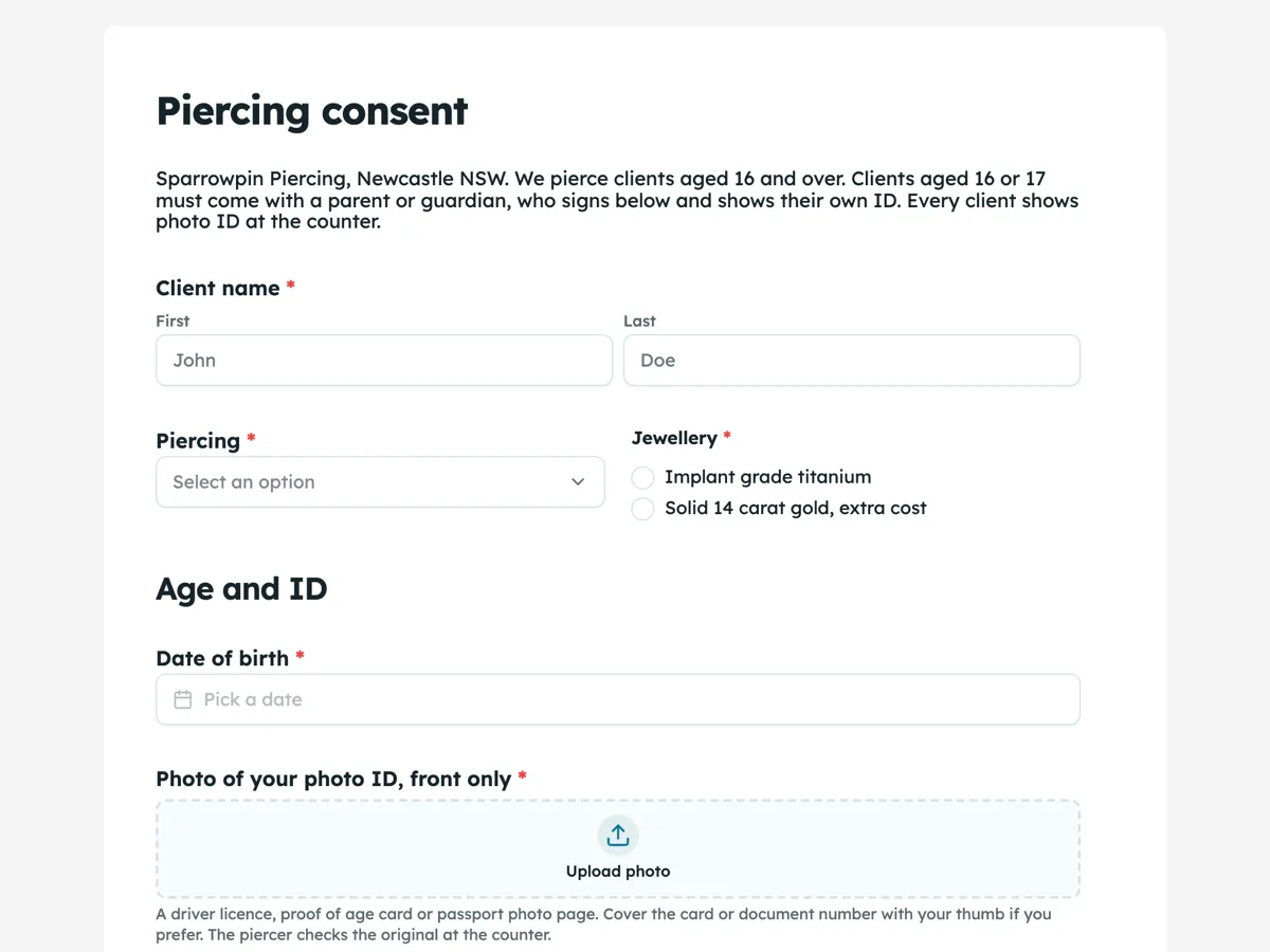 Piercing consent form with an ID check and aftercare example