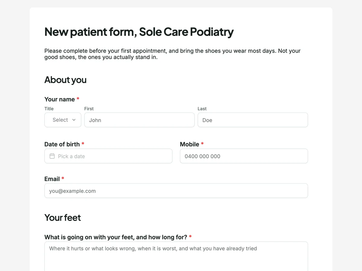 Podiatry intake form that asks about diabetes first example
