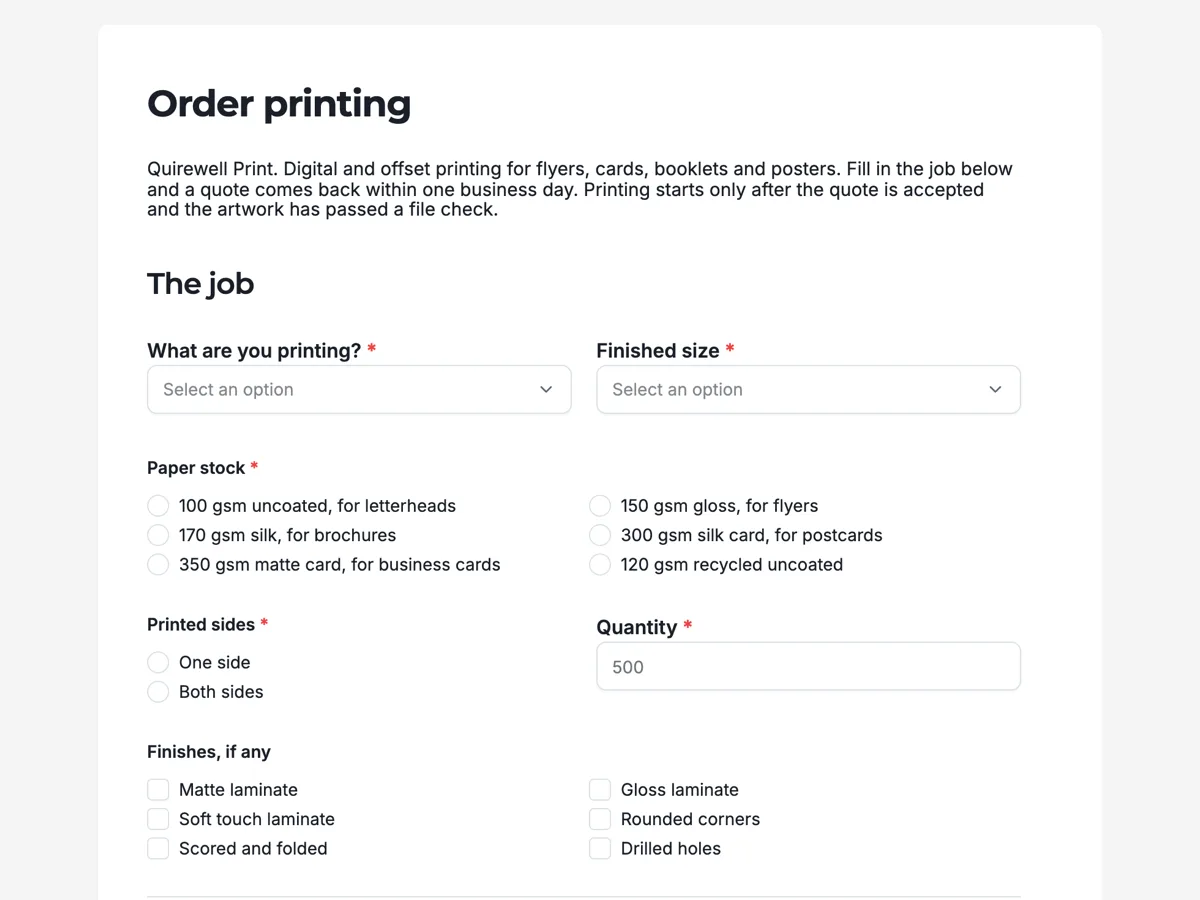 Printing order form with stock, finish and artwork example