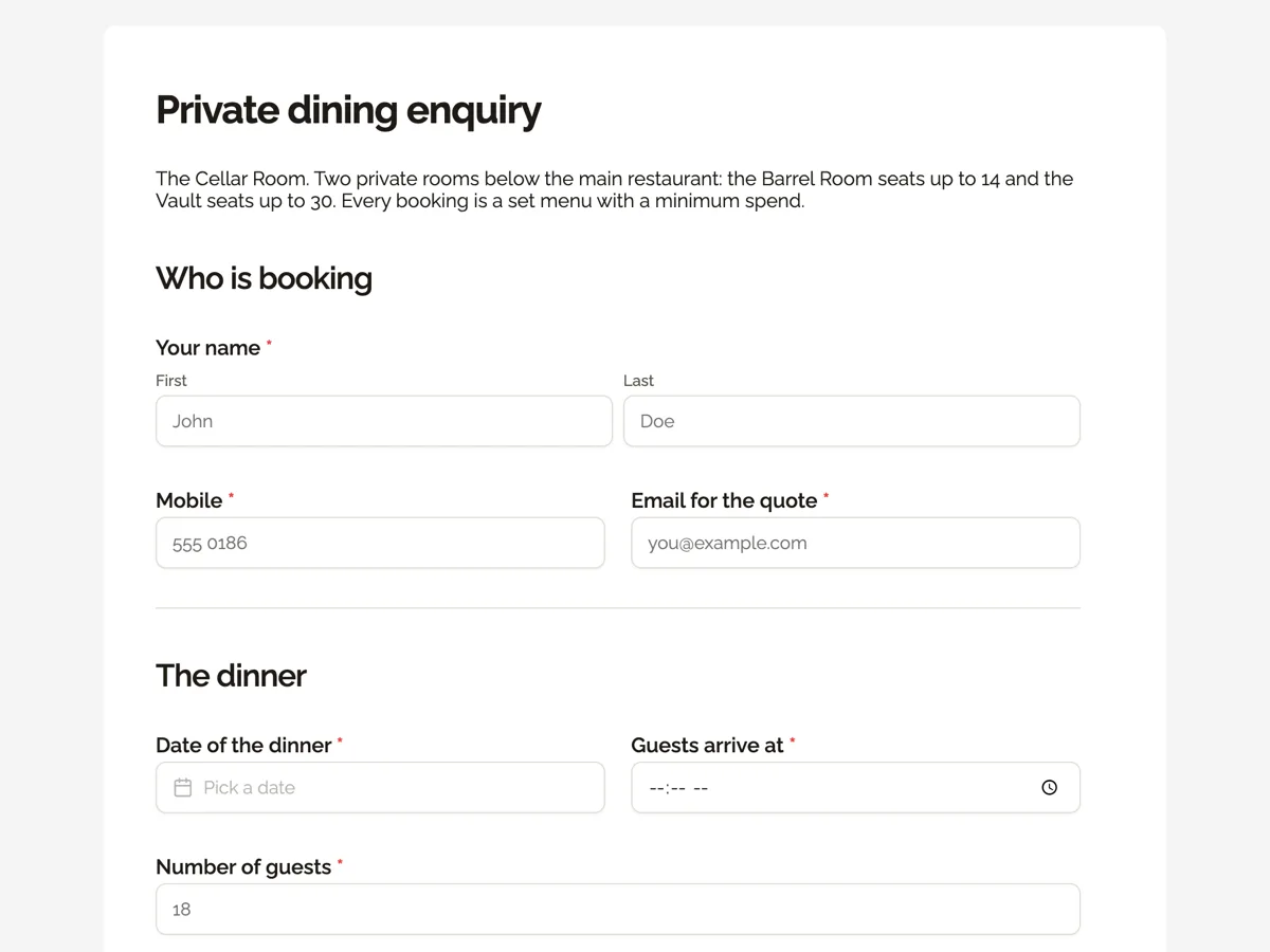 Private dining enquiry form with the minimum spend in writing example