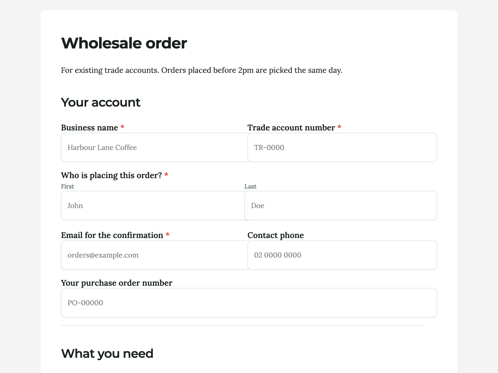 Product order form example