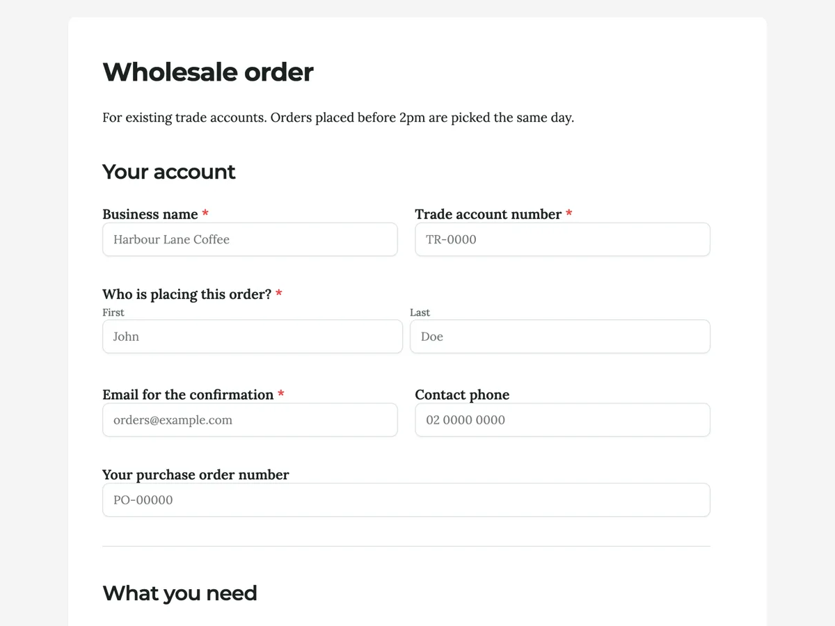 Product order form example