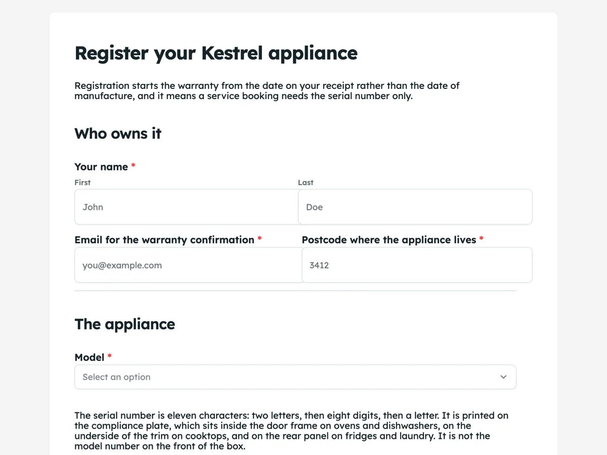 Top of the product registration form that captures the serial and the proof example