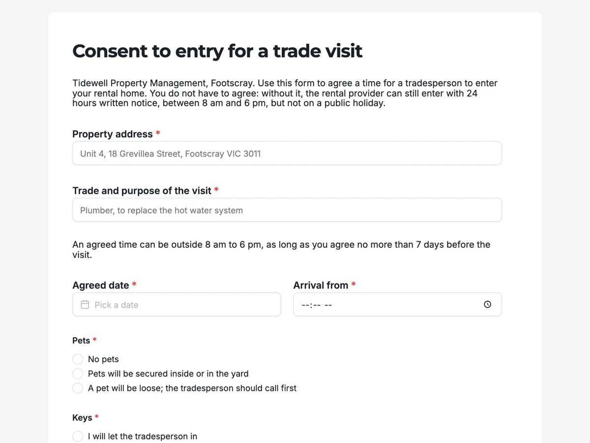 Property access consent form for a trade visit example