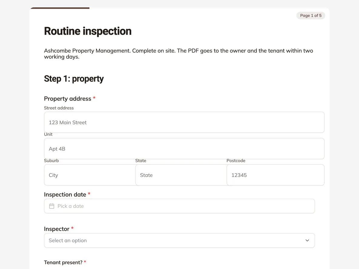Top of the routine property inspection form done room by room on a phone example