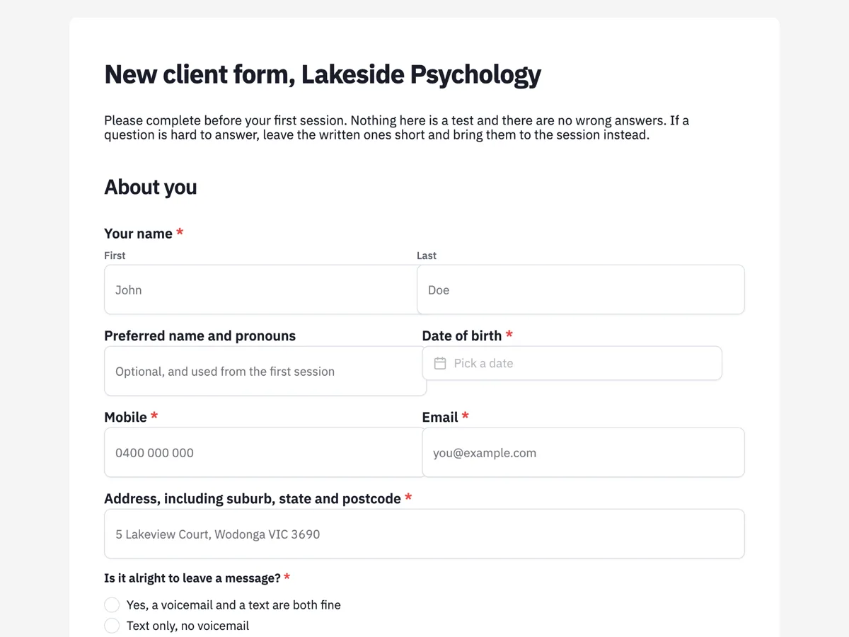 Top of the psychology intake form with the limits of confidentiality on it example