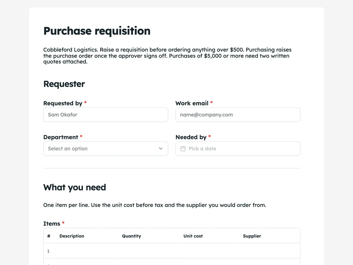 Purchase requisition form with line items and an approver example