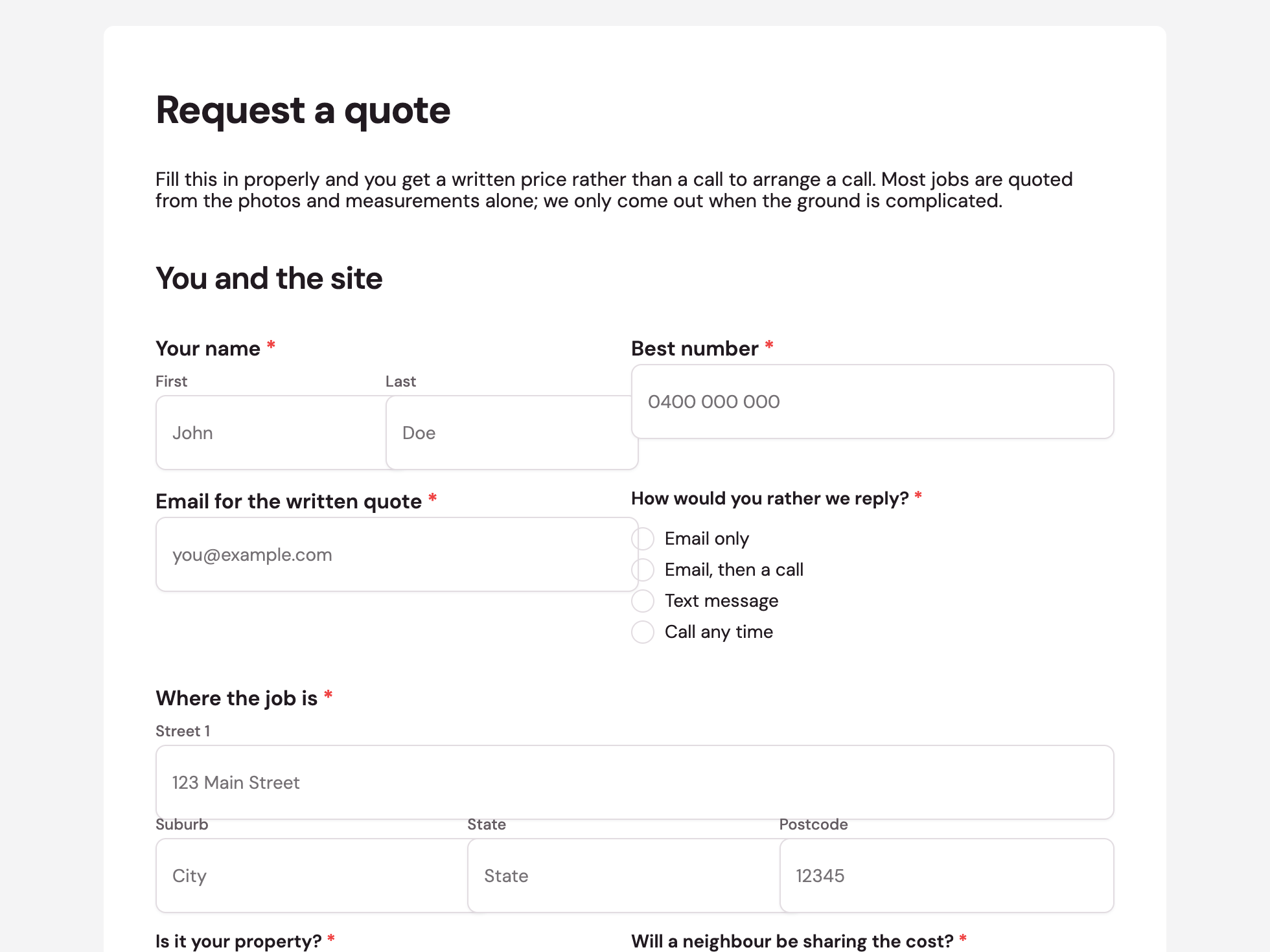 Request a quote form example