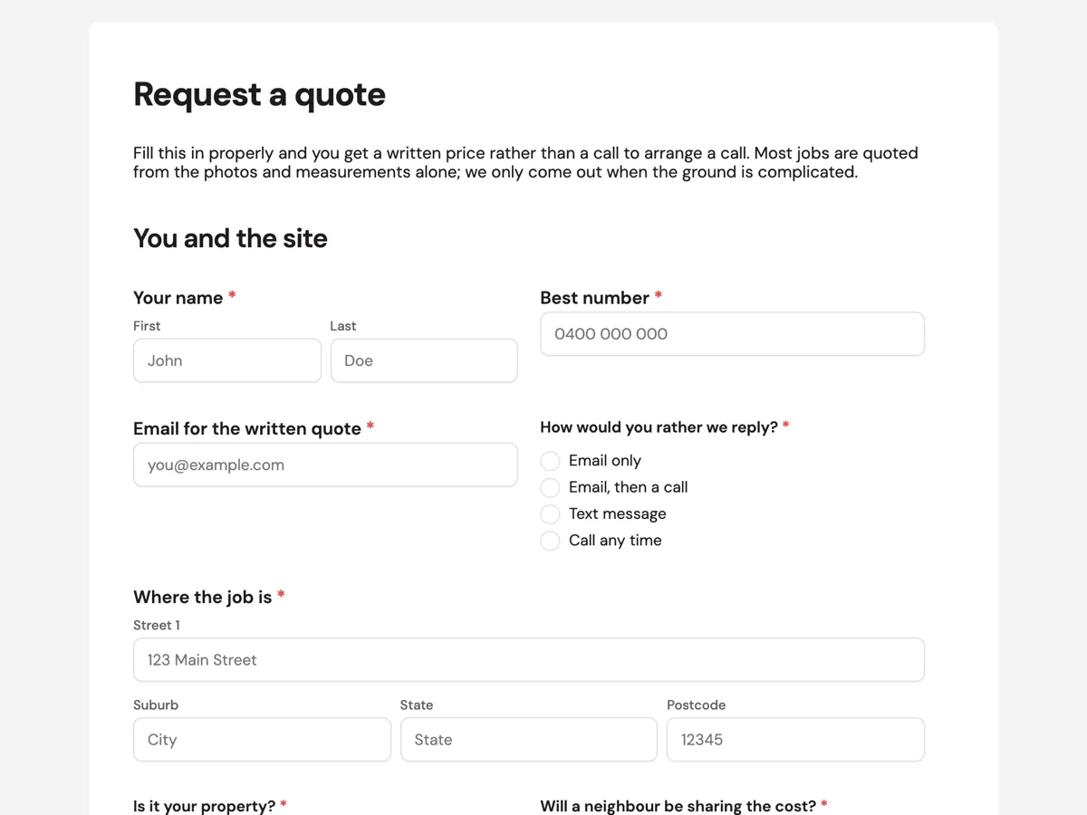 Request a quote form example