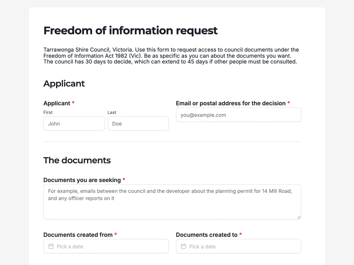 Top of the freedom of information request form for a council example