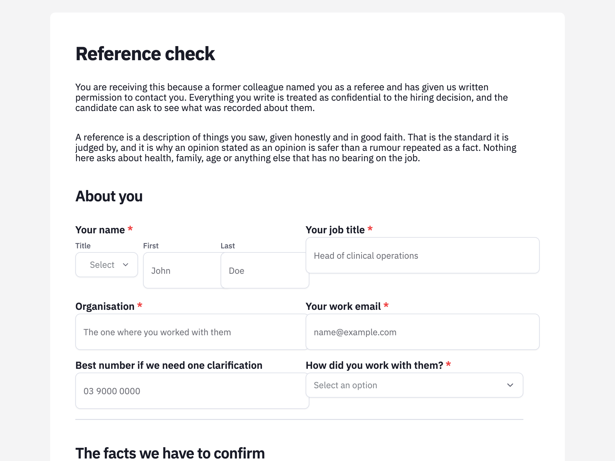 Welcome screen of the reference check form example