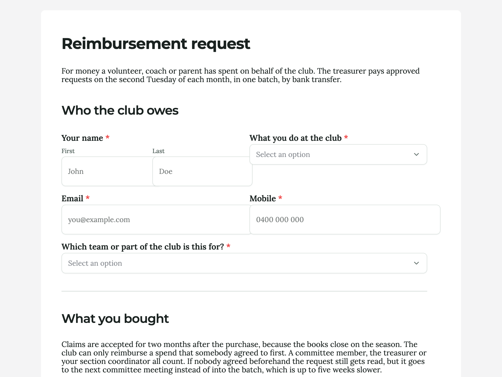 Reimbursement request form example